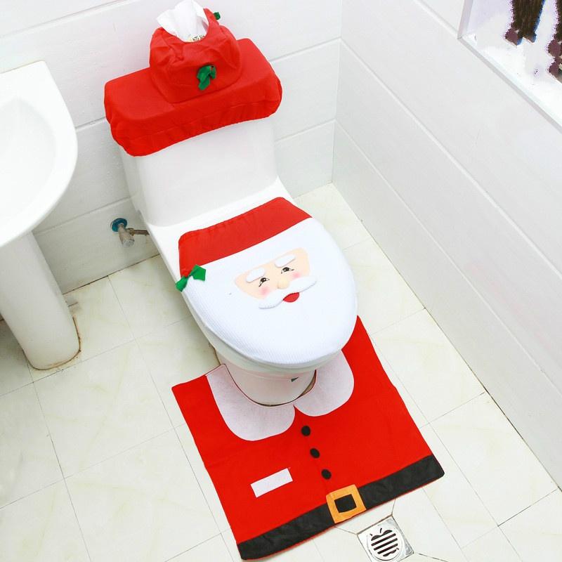 3pcs/set Christmas Fancy Santa Claus Snowman Toilet Seat Cover and Rug Set Xmas Home Bathroom Decor Set