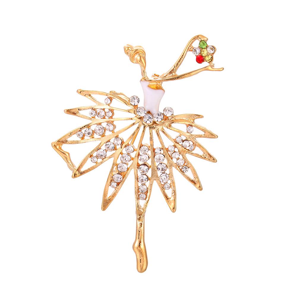 European & American Rhinestone Enamel Dancing Girl Brooch with Five-Petal Flower - Fashionable Clothing Accessory