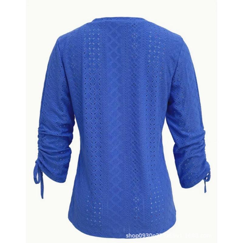 Spring and Summer New Solid Color Jacquard Button Long-sleeved Straps Hollow Loose T-shirt Top
