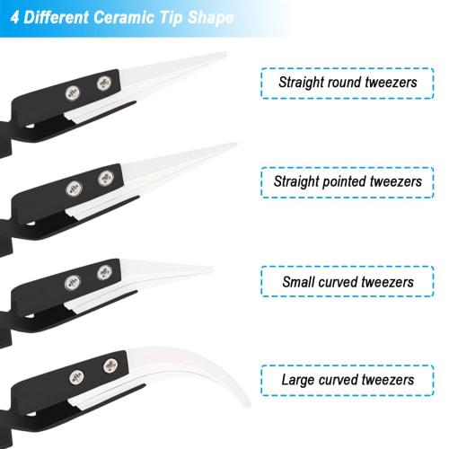 ZHUROUPU 4-Piece Reverse Tweezers, Precision Ceramic Stainless Steel ESD Tweezers with Non-Conductive Heat-Resistant Anti-Magnetic Pointed & Curved Ti