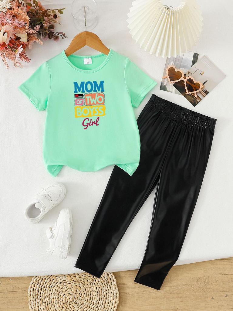 Summer Girls' Fashionable Two-Piece Clothing Set: Short Sleeve Top & Printed Long Pants