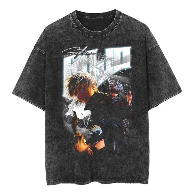 Jujutsu Kaisen Gojo Satoru Manga Panel Japanese Text Vintage Washed T Shirt Summer Graphic Tee for Men Women