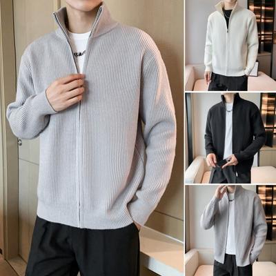Men Sweater Coat Zipper Closure Knit Elastic Long Sleeves Stand Collar Outerwear Pure Color Casual Cardigan Daily Wear School Mid Length Jacket