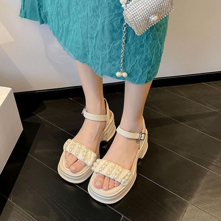 Módní temperamentní sandály 2024 léto nové korálkové všestranné jednoduché silná podrážka zvýšené dámské pohodlné jednoduché boty