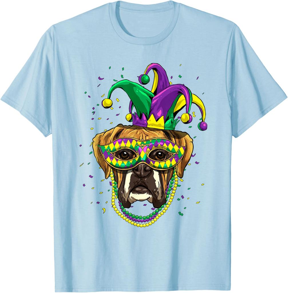 Boxer Dog Mardi Gras  Mask Beads Graphic Print Men Casual Cotton T-Shirt