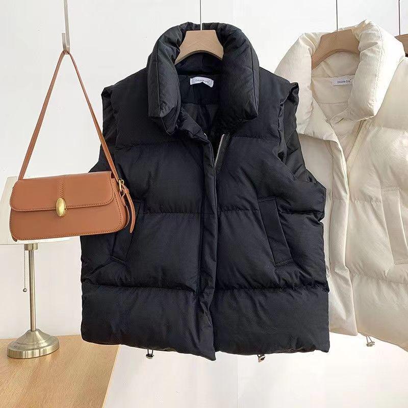 Women's Spring/Fall 2025 Korean Loose Fit Cotton Vest with Stand-Up Collar and Shoulder Pads