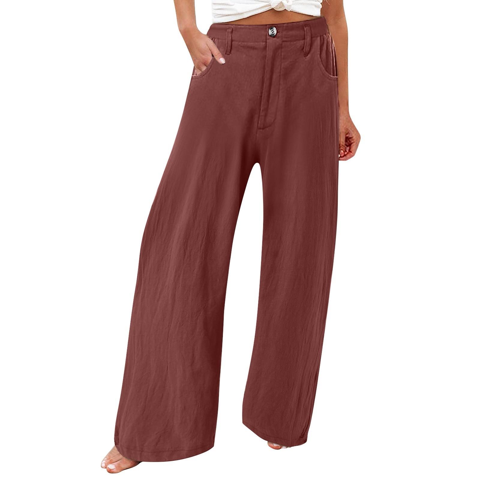 

Summer Cotton Linen Wide Leg Pants Women Loose Palazzo Pant Pocket Elastic Waist Button Casual Pants XXL винний