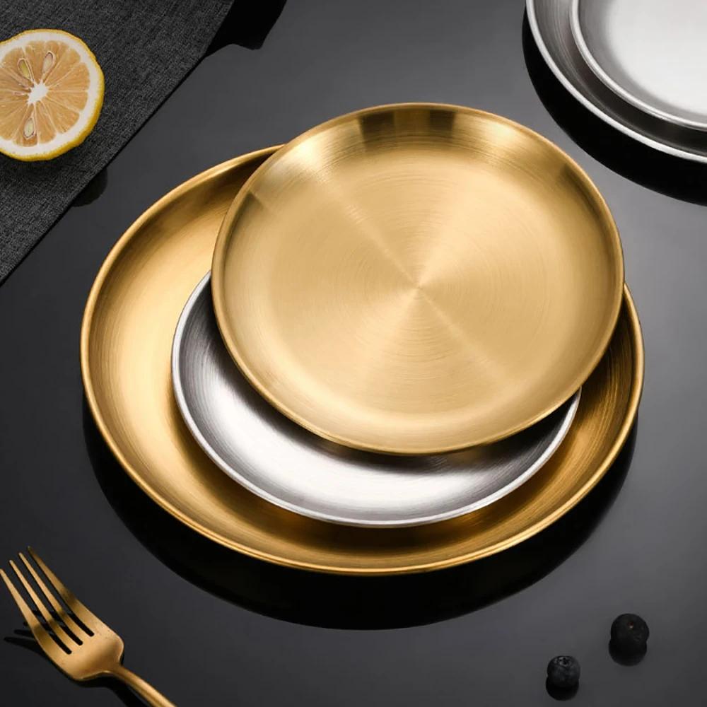 8PC Metal Dining Dish Stainless Steel Round Plate Shallow Tray 14/17/20/23/26cm BBQ Picnic Camping Food Container Tableware Set