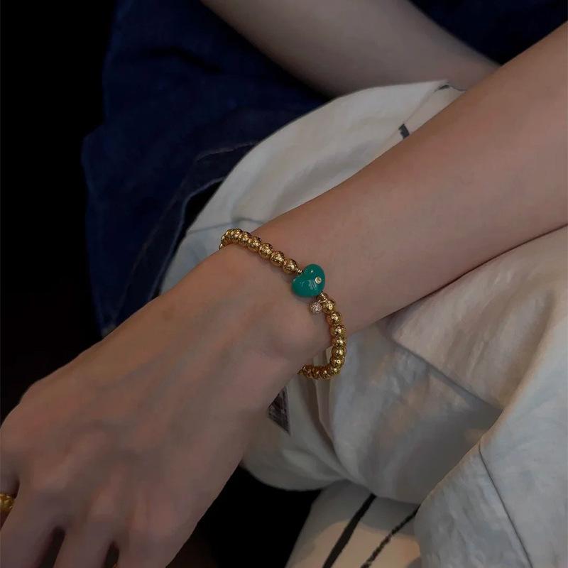 Braccialetti a forma di cuore blu lucido con perline di lusso leggero per donna, artigianato in oro antico, braccialetti retrò con ciondoli in turchese, festa