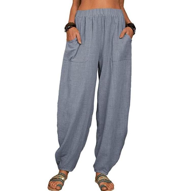 Summer Casual Women's Cotton Linen Elastic Waist Wide Leg Retro Harem Pants Large Size Home Pants