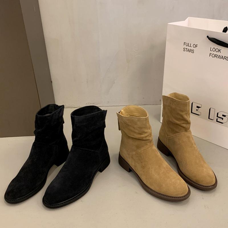 Version behalten~ Star gleiche plissierte Stiefel zum Stapeln 2025 neue dicke Ferse Maillard Mid-Tube Westernstiefel dünne Stiefel