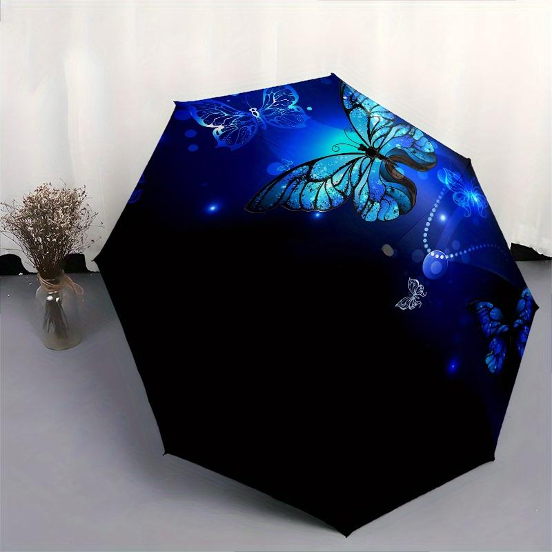 Glowing Blue Butterfly Umbrella - 3-Fold Compact Automatic Open Portable Umbrella with Vibrant Floral & Butterfly Design, Ligh