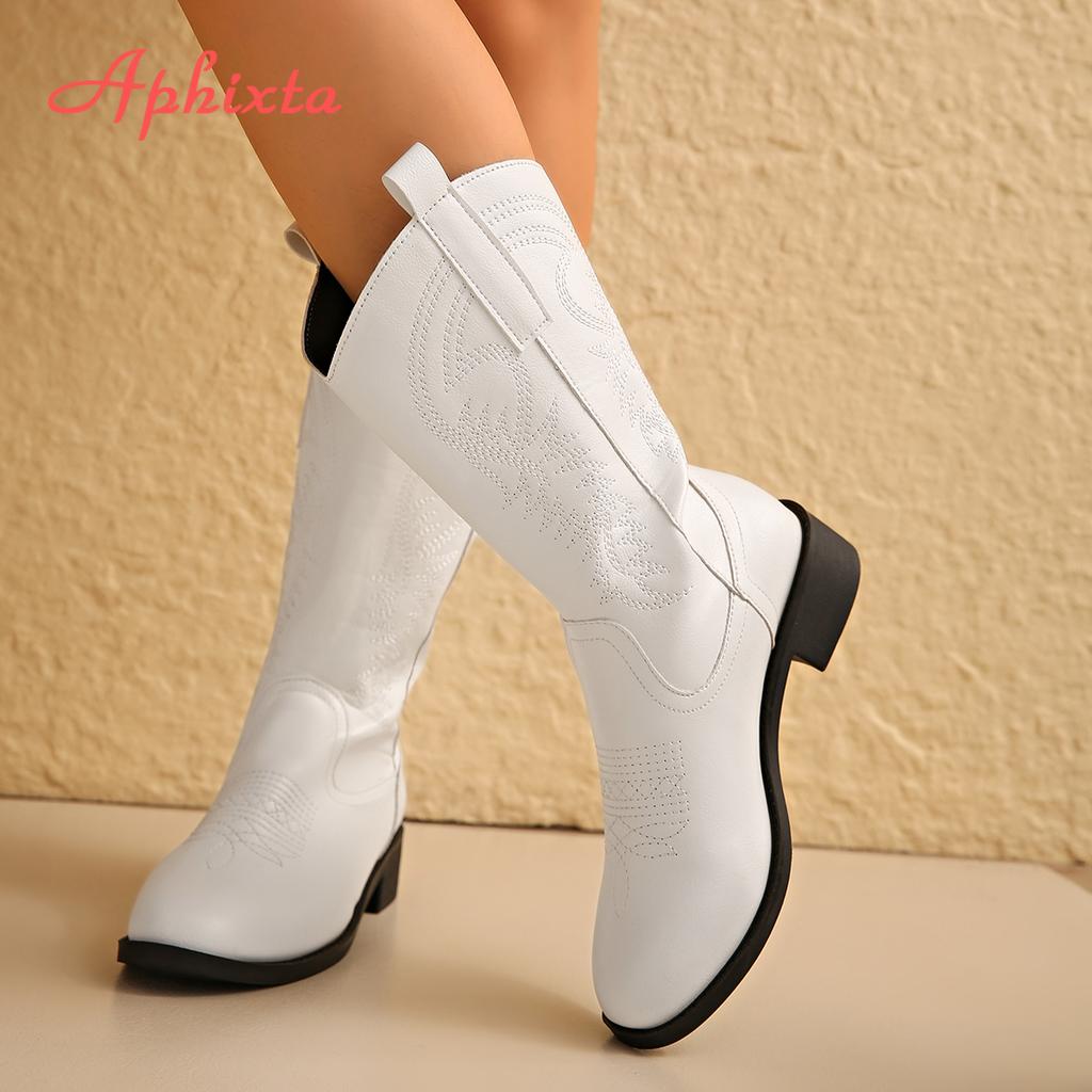 Fashion Aphixta Embroider Mid-Calf Modern Boots 3.5cm Square Heel Totem Design Long Boot Shoes Round Toe Black Big Size 43 Western Boot
