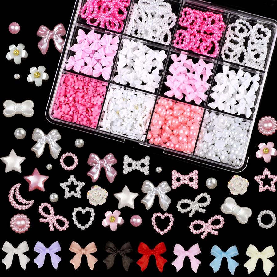 Rhinestones 12 Nail Mixed Grid 3d Pearlescent Beads Ribbon Heart Charms For Nail Art Decoration