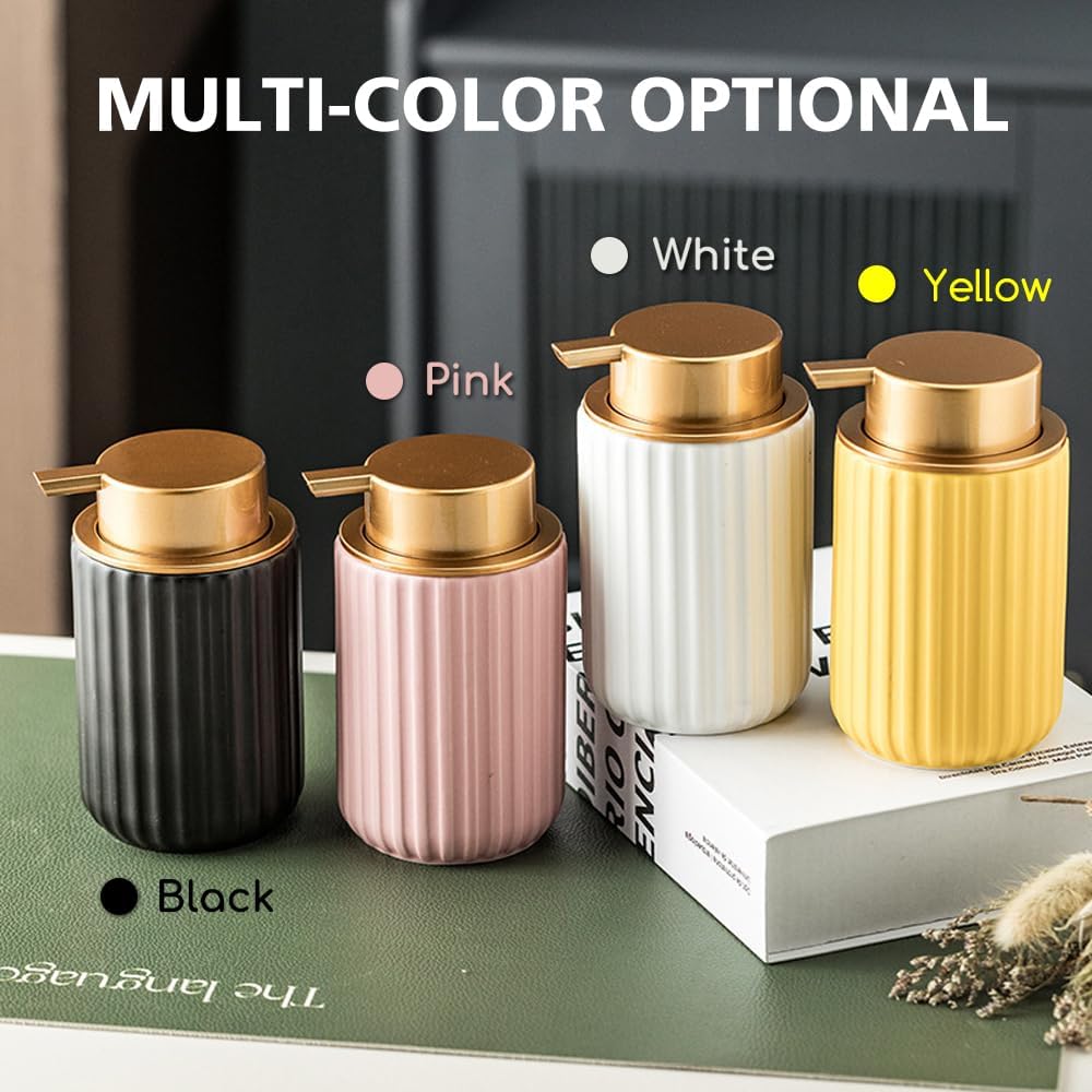 Foaming Hand Soap Dispenser, Kitchen Soap Dispenser with Gold Soap Pump, Ceramic Foam Soap Dispenser for Bathroom,11OZ Refillable Soap Dispenser for