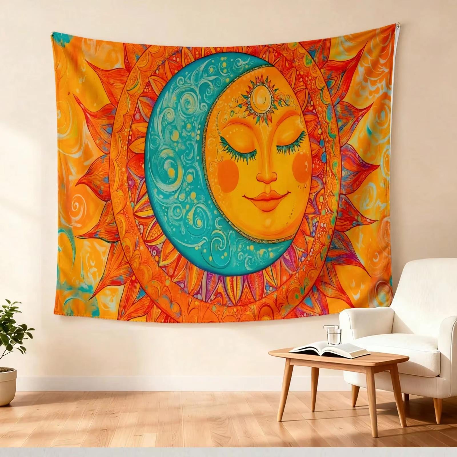 

Bohemian Style Sun Moon Mandala Tapestry Colorful Artistic Wall Decor for Living Room Unique Vibrant Bohemian Home Decor 74x94cm(29x37in)