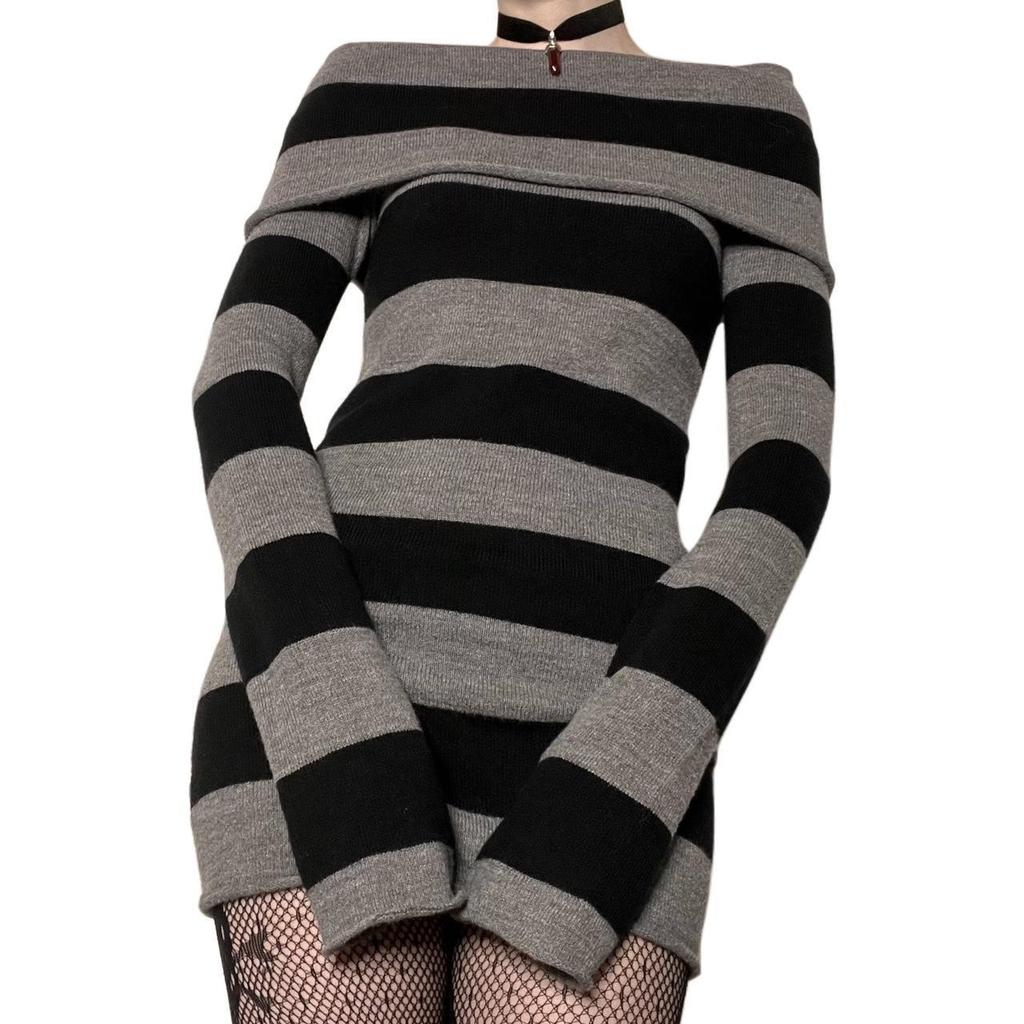 Y2K Gestreept One-Shoulder Slim Gebreide Trui Jurk