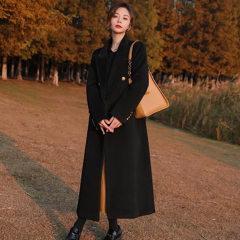 

Большое зимнее пальто длиной до колена из черной шерстяной ткани в стиле ретро для женщин, высококачественный корейский стиль, AA063. 5XL