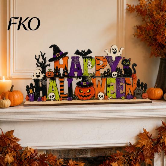 Indoor Halloween Party Accents Happy Wooden Sign Ornaments with Pumpkin Ghost And Bat Elements for Spooky Table Centerpieces Tiered Tray Decor Autumn