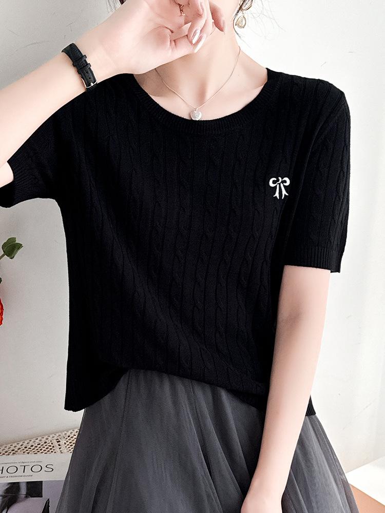 

Embroidered Bow Small Twisted Round Neck Sweater T-shirt for Women s Summer Age-reducing Short-sleeved Shirt XL чёрный