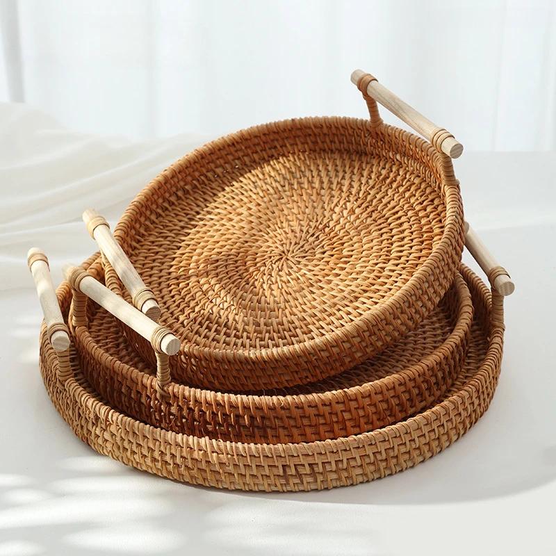 Rattan Bread Storage Woven Snacks Fruit Round Tray Picnic Binaural Tray Living Room Table Finishing Bread Plates Wood Handle