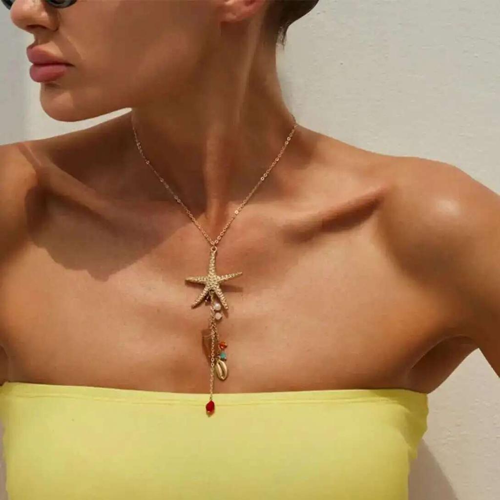 Salircon Trendový přívěsek na náhrdelník Hvězdice Hřebenatka Imitace Křišťálu Třásně Ženy Bohemský Letní Plážový Choker Přívěsek Šperky