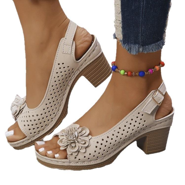 Large Size Floral High-heeled Sandals for Women Fashionable and Casual Buckle with Solid Color Roman Sandals