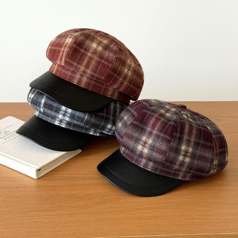 Women S Plaid Octagonal Hat Large Head Circumference Vintage Style Autumn Winter Cap