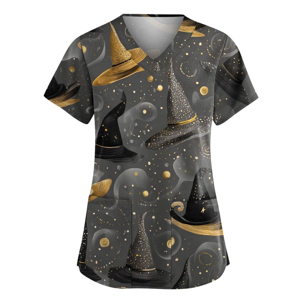 Damenmode V-Ausschnitt Kurzarm Overalls mit Taschen Halloween Bedruckte Oberteile Bekleidung