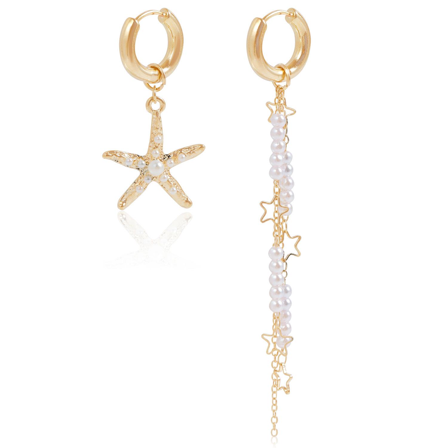 

Summer beach vacation style new detachable dual-purpose starfish tassel imitation pearl asymmetric earrings золотой