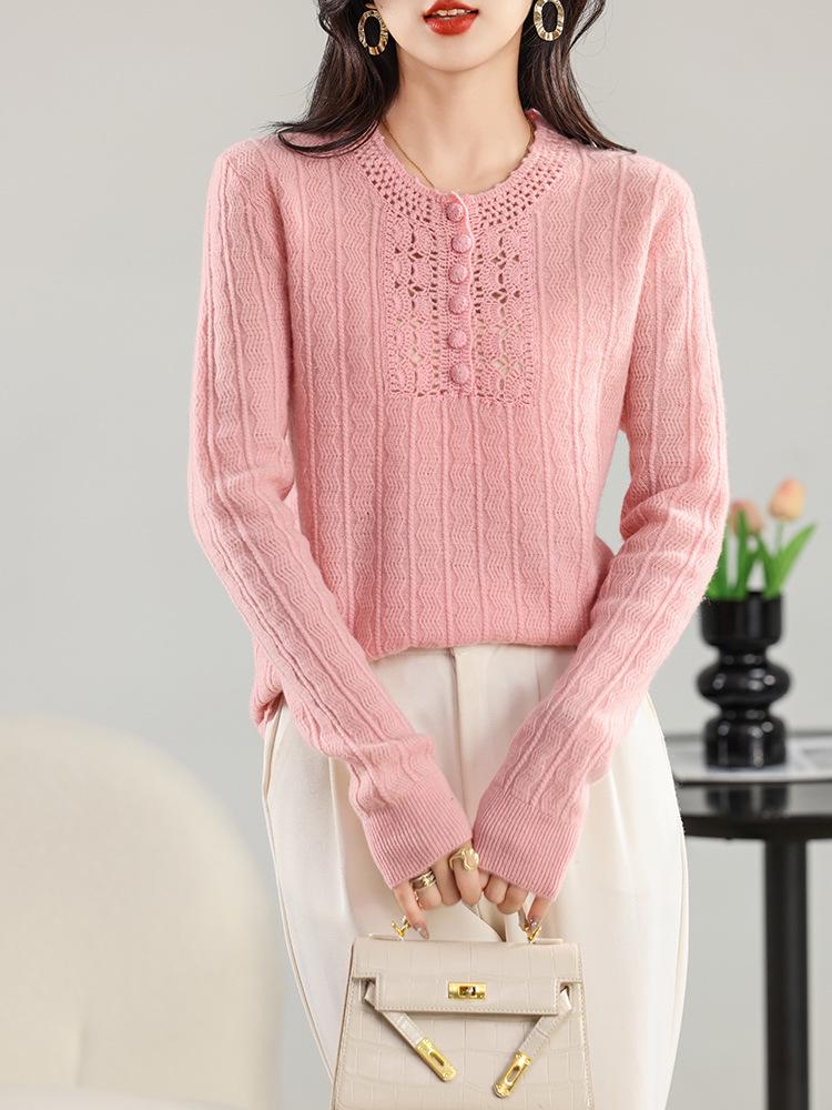 2024 Autumn/Winter Women's Wool Half-Zip Round Neck Jacquard Knit Hollow Loose Sweater