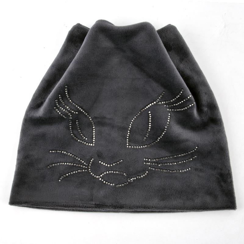 Winter Beanie Hats For Women Cut Hat With Rhinestone Cat Pattern Beanie with Ear Velvet Hat For Girl