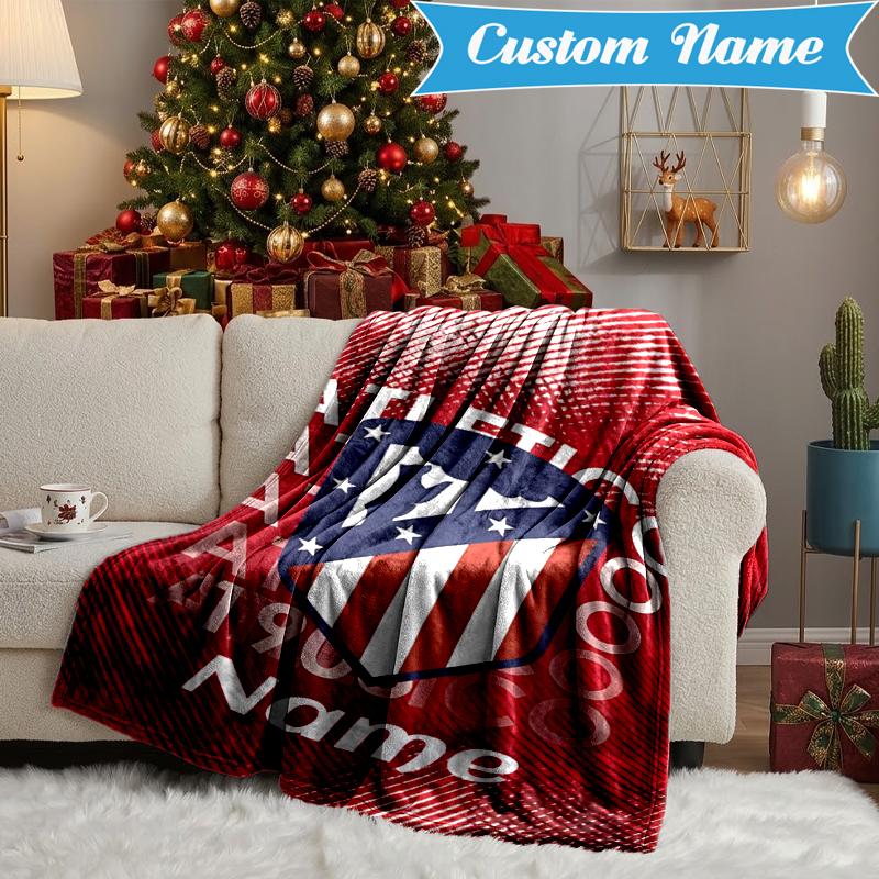 Custom Name Atletico Madrid Crest Blanket Lightweight Ideal Bedding Blanket Perfect for Travel, Camping, Living Rooms, Sofas, Christmas gift