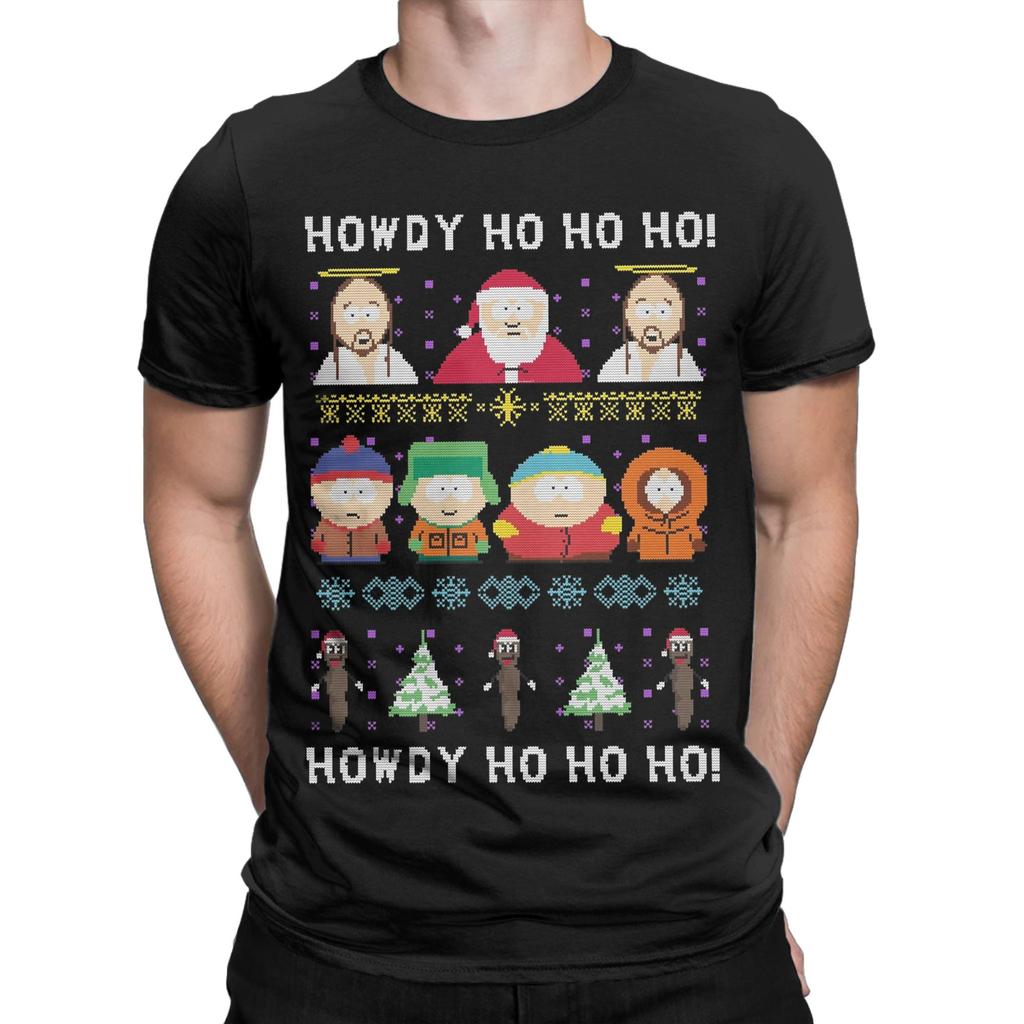Howdy Ho Ho Ho South-Park Christmas Men T Shirts  Vintage Tee Shirt Short Sleeve Round Neck T-Shirts Pure Cotton Party Clothing