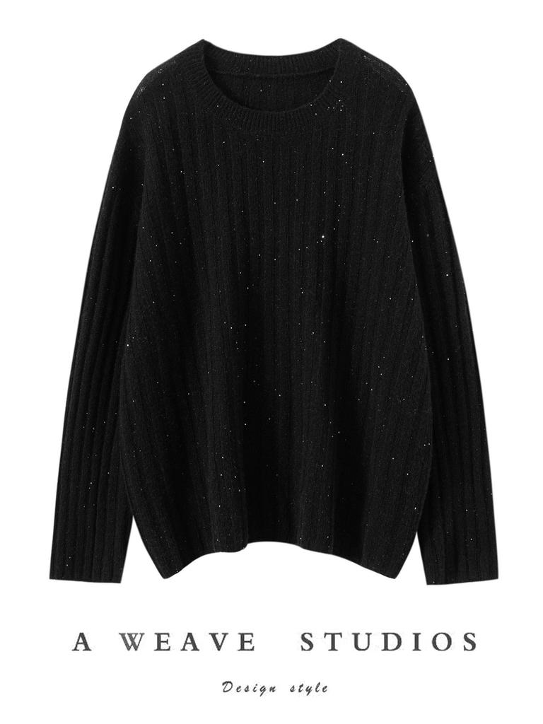 Women's Cashmere Round Neck Sweater - Autumn/Winter Soft Knit with Sequins, Long Sleeve Base Layer