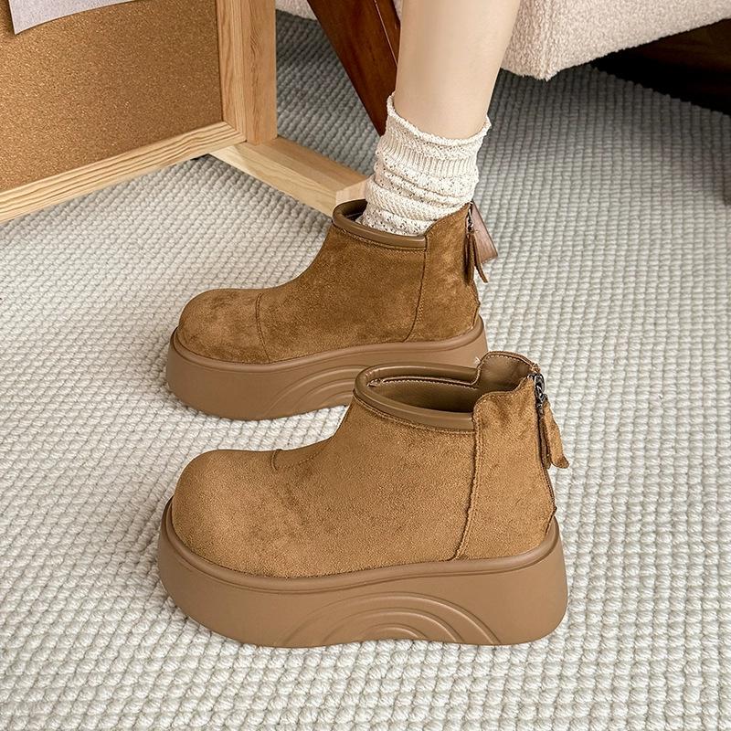 Cowhide version round head small man heightening platform short boots women's winter new trendy versatile velvet Martin boots