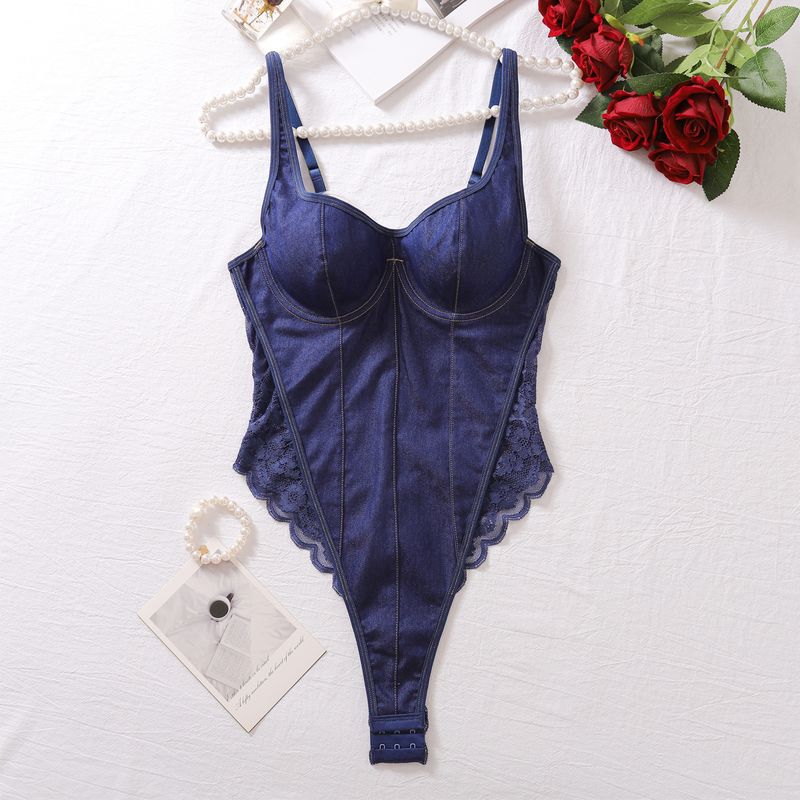 

European and American Sexy Jumpsuit Sexy Outer Wear Inner Wear Lace Patchwork Stylish Open Back Denim Sling One-Piece Shorts Blue S