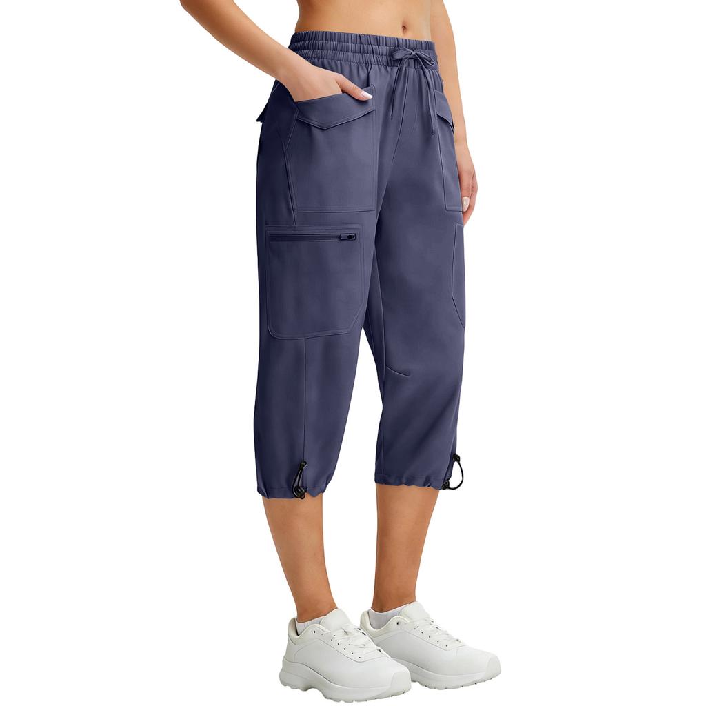 Damen Elastische Hohe Taille 3/4 Hose Lässige Passform Weite Capri-Hosen mit Taschen