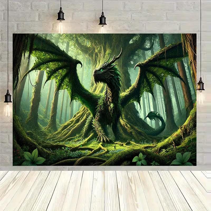 Fantasy Wall Hanging with a Mystical Forest Dragon, Giant Trees, and Magical Green Lighting 47.2x31.5inch/120*80cm