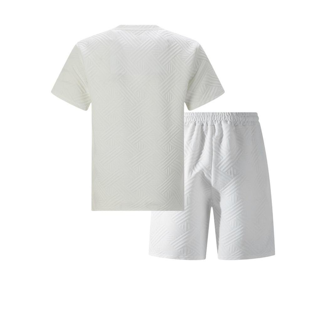 Men's Solid Color Jacquard Round Neck T-shirt and Shorts Sports Set - Spring