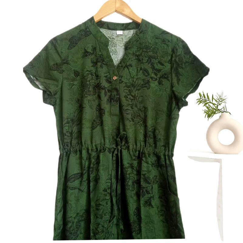 Breathable and Comfortable Summer Short-sleeved Thin Cotton Nightgowns Women's Tie Waist Loose Floral Casual Dresses
