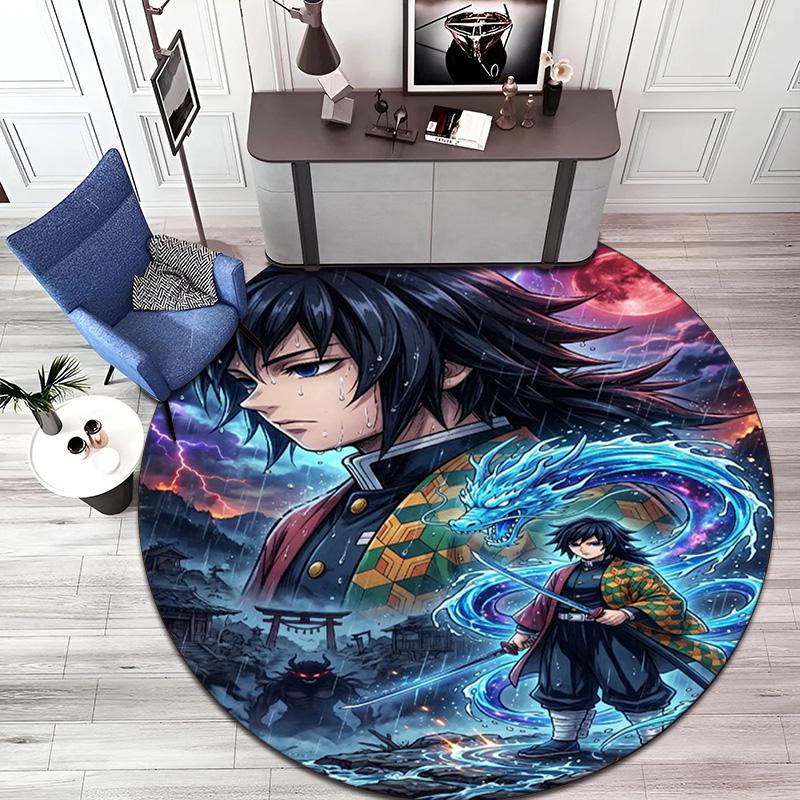 Classic Japanese-style Cartoon Demon Slayer Round Rug, Home Soft Decorative Anti-slip Yoga Mat and Chair Mat, Outdoor Floor Mat Carpet K27