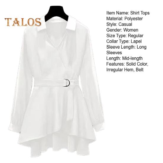 Dámská košile Klopa Dlouhý rukáv Pas Těsný pásek Pulovr Topy Jednobarevný Nepravidelný lem Košile střední délky