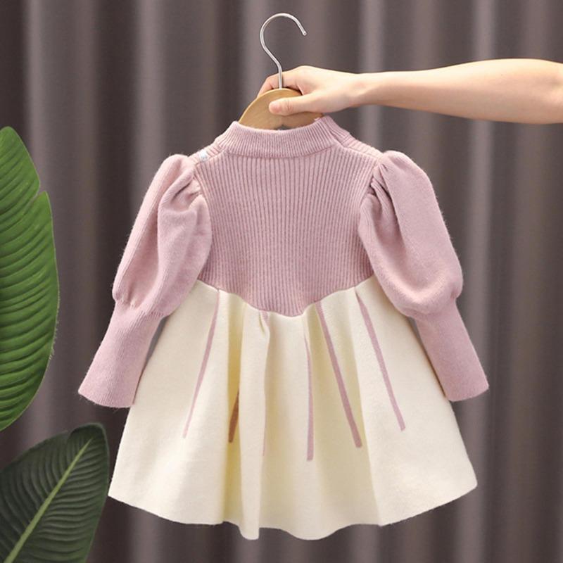 1 do 6T Dziecięce dziewczęce sukienki z kwiatowym nadrukiem i kokardką Prążkowane, okrągłe dekolty, jesienne sukienki dla dziewczynek