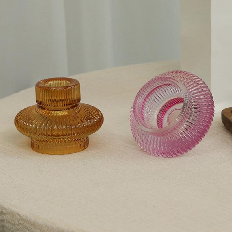 Set of 6 Double Use Striped Glass Candlestick Flower Vases for Elegant Decoration Glass Candlestick Holder Homes Accent