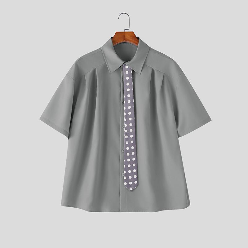 INCERUN Oversized Men Tie Neck Short Sleeve Button Up Casual Loose Shirts Tops