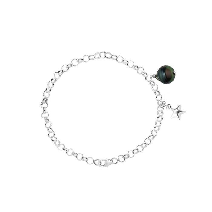 PERLINEA - Bracelet My Star - Véritable Perle de Culture de Tahiti 9-10 mm - Mousqueton - Argent 925 Millièmes - Bijoux Femme