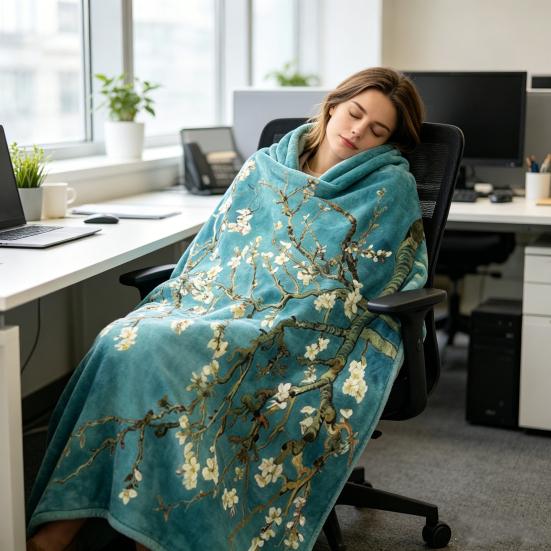 Oil Painting Nap Blanket, Soft Warmth Double-Sided Flannel, Digital Print Shrink-Resistant Machine Washable Office Travel Throw Blanket