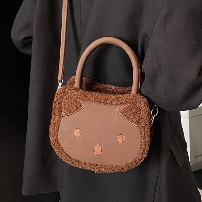 Cute Plush Cat Women's Shoulder Bags Faux Lamb Wool Ladies Purse Handlbags Winter Fashi Female Small Handle Messenger Bags