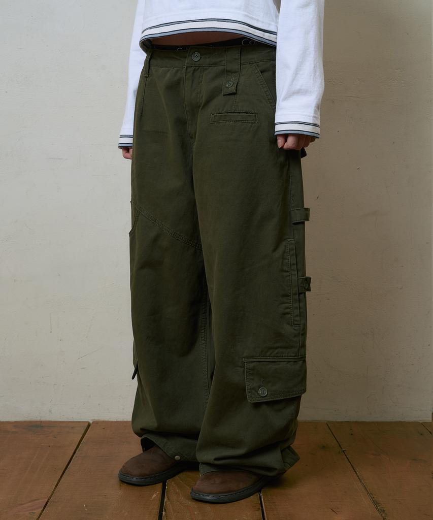 Lujeoseukeulleob Multi Cargo Pocket Wide Cotton Pants Khaki